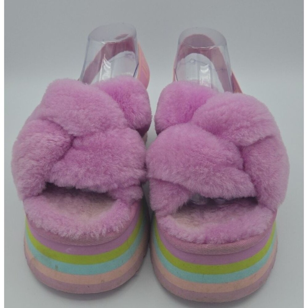 UGG Pink Rainbow Platform Disco Knot Genuine Shearling Slide Slippers US Size 11 - Picture 3 of 9